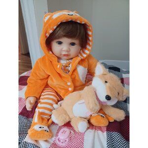 🆕22inch Soft Cloth Body Newborn Baby Poseable Limbs Orange Doll Baby Girl